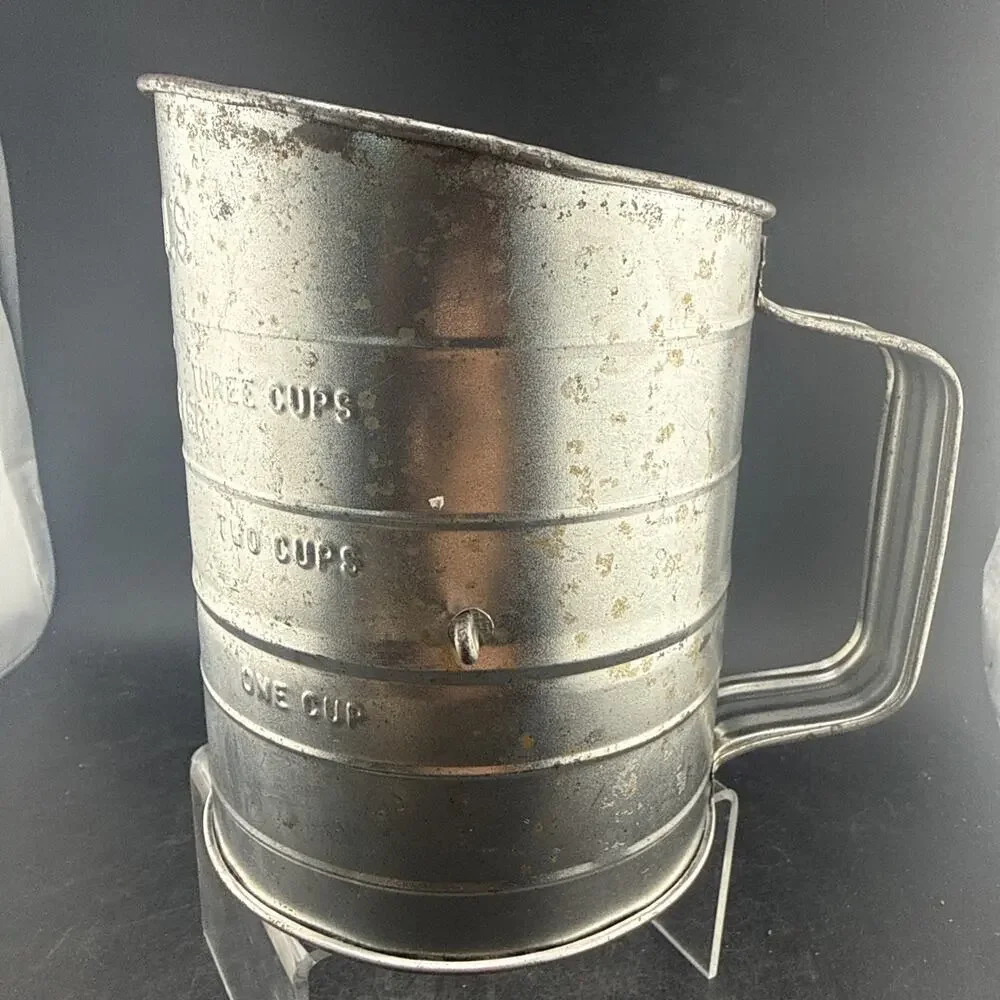 Vintage Bromwells Measuring Flour Sifter 3 Cup Tin Wood Handle Farmhouse Decor